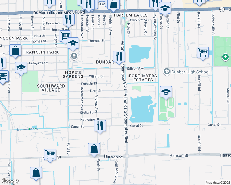 map of restaurants, bars, coffee shops, grocery stores, and more near 3514 Dora Street in Fort Myers