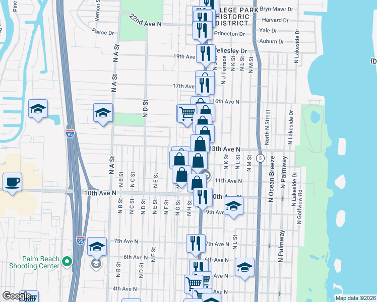 map of restaurants, bars, coffee shops, grocery stores, and more near 1225 North H Street in Lake Worth