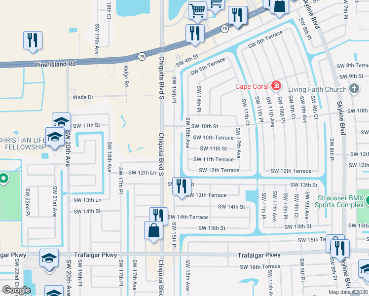 map of restaurants, bars, coffee shops, grocery stores, and more near 1030 Southwest 15th Avenue in Cape Coral