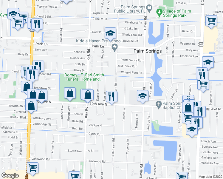 map of restaurants, bars, coffee shops, grocery stores, and more near 3121 Gulfstream Road in Lake Worth