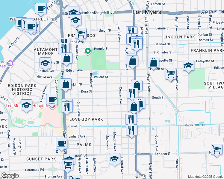 map of restaurants, bars, coffee shops, grocery stores, and more near 2335 Dora Street in Fort Myers