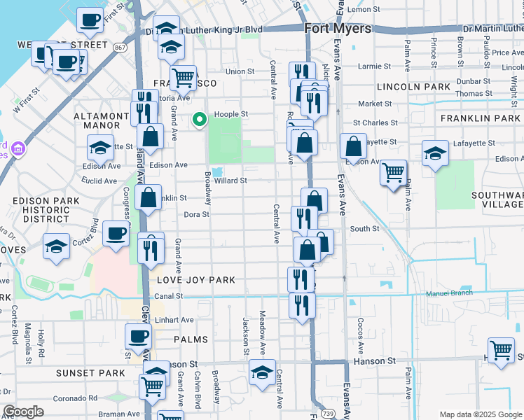 map of restaurants, bars, coffee shops, grocery stores, and more near 2335 Dora Street in Fort Myers