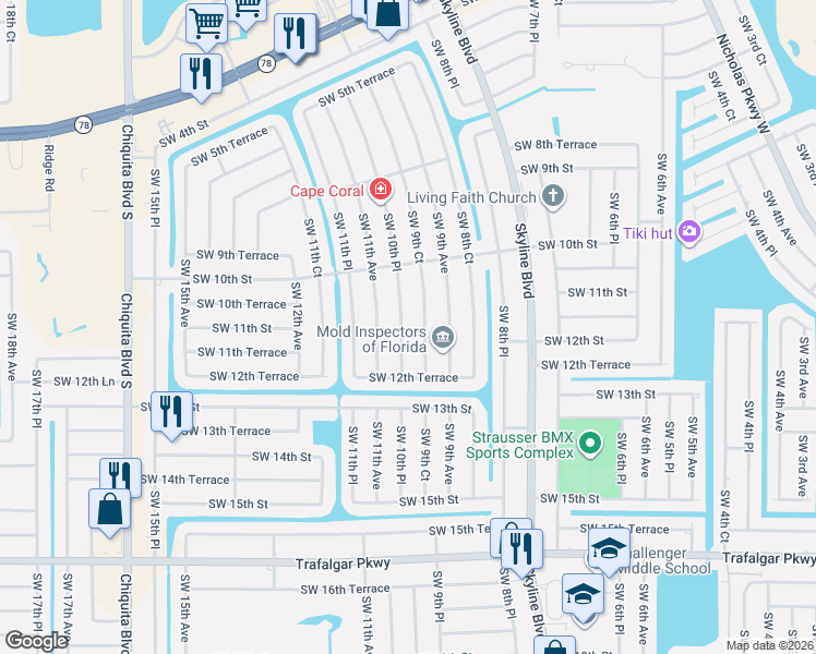 map of restaurants, bars, coffee shops, grocery stores, and more near 1109 Southwest 10th Place in Cape Coral