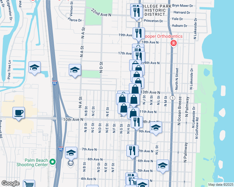 map of restaurants, bars, coffee shops, grocery stores, and more near 1226 North F Street in Lake Worth