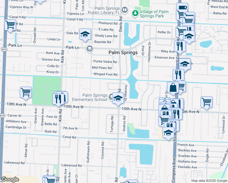 map of restaurants, bars, coffee shops, grocery stores, and more near 301 Masters Road in Palm Springs
