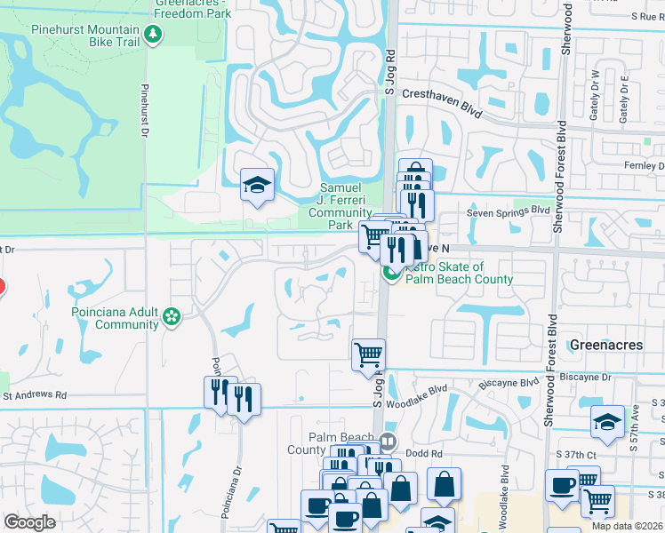 map of restaurants, bars, coffee shops, grocery stores, and more near 4514 Jog Park Drive in Greenacres