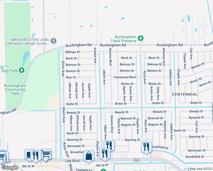 map of restaurants, bars, coffee shops, grocery stores, and more near 1038 Albert Avenue in Lehigh Acres