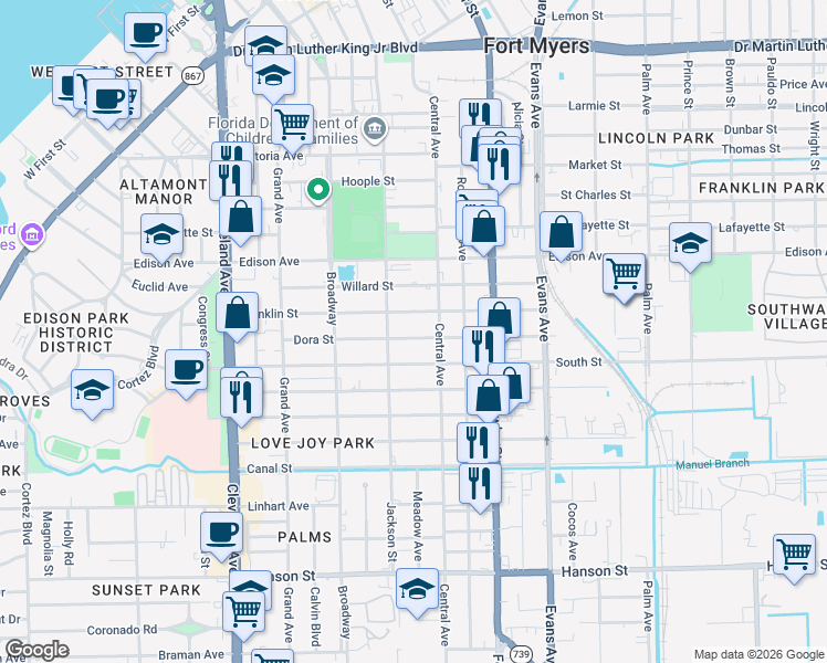 map of restaurants, bars, coffee shops, grocery stores, and more near 2335 Dora Street in Fort Myers