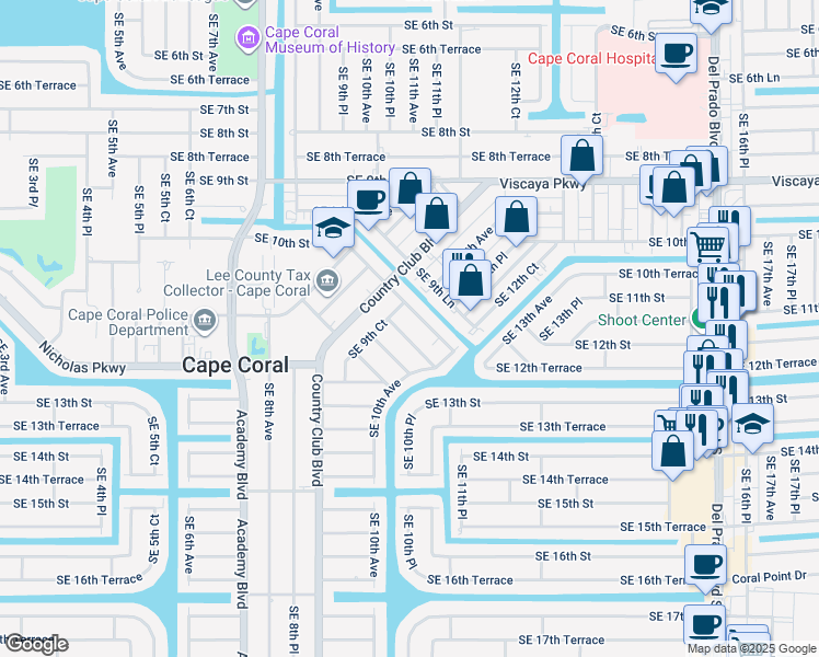 map of restaurants, bars, coffee shops, grocery stores, and more near 1034 Southeast 10th Street in Cape Coral