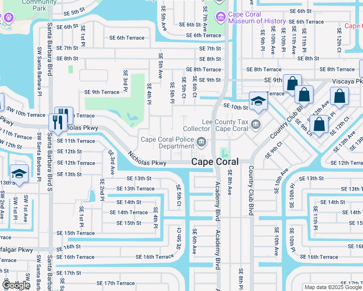 map of restaurants, bars, coffee shops, grocery stores, and more near 1114 Southeast 5th Place in Cape Coral