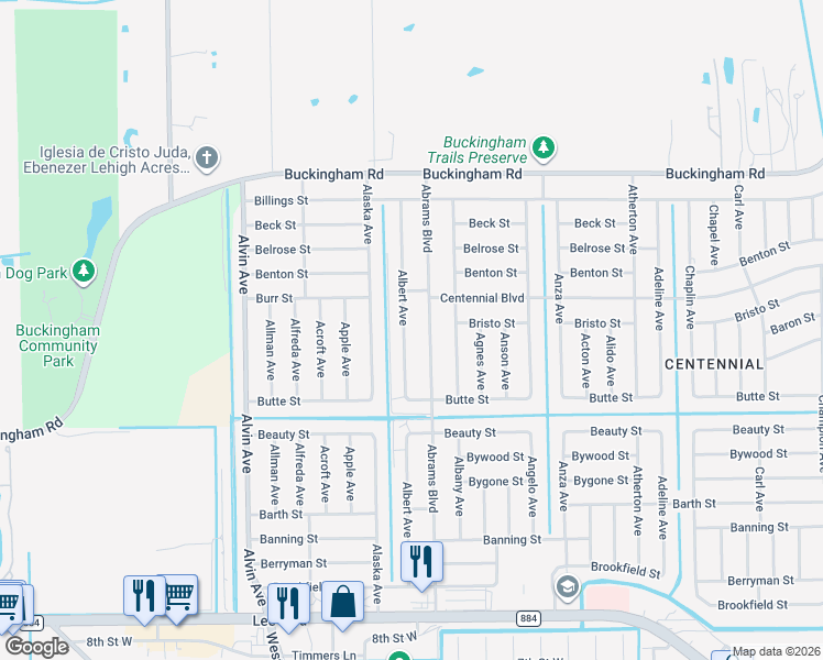 map of restaurants, bars, coffee shops, grocery stores, and more near 1038 Albert Avenue in Lehigh Acres