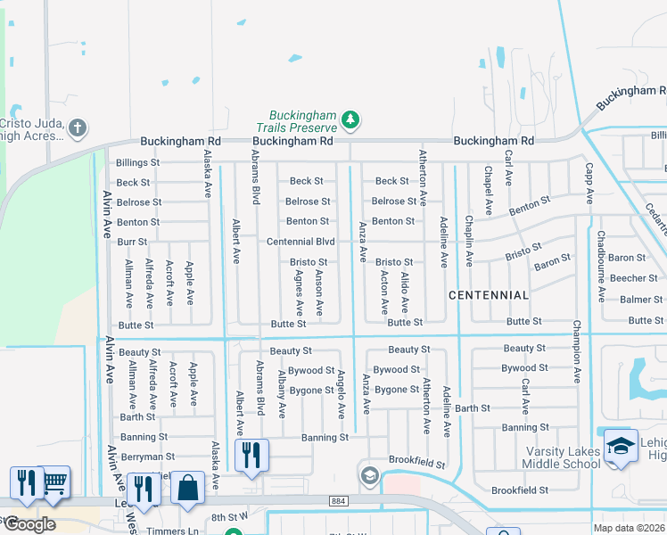 map of restaurants, bars, coffee shops, grocery stores, and more near 1023 Angelo Avenue in Lehigh Acres