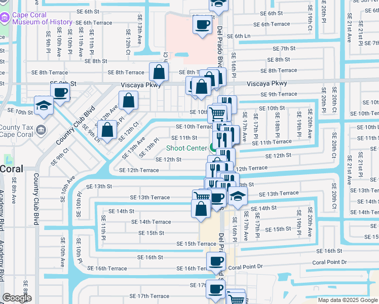 map of restaurants, bars, coffee shops, grocery stores, and more near 1420 Southeast 11th Terrace in Cape Coral
