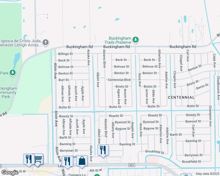 map of restaurants, bars, coffee shops, grocery stores, and more near 1037 Albany Avenue in Lehigh Acres