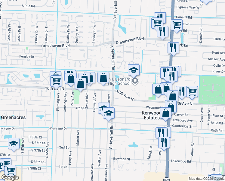 map of restaurants, bars, coffee shops, grocery stores, and more near 4899 Haverhill Road in Greenacres