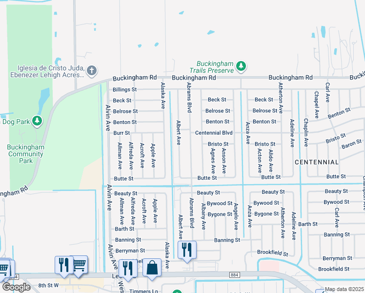 map of restaurants, bars, coffee shops, grocery stores, and more near 1038 Albert Avenue in Lehigh Acres