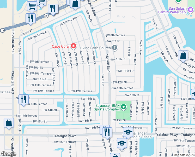 map of restaurants, bars, coffee shops, grocery stores, and more near 1115 Southwest 8th Court in Cape Coral