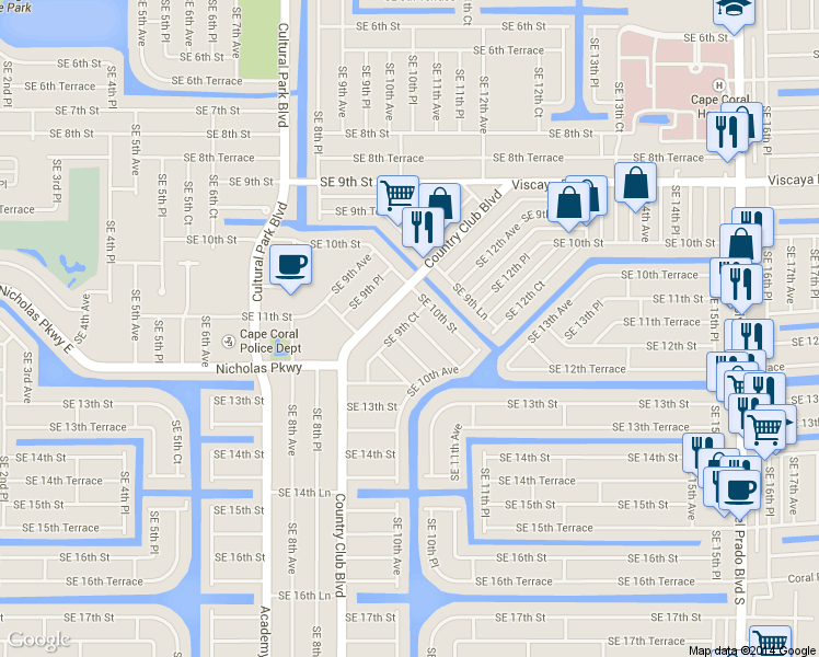 map of restaurants, bars, coffee shops, grocery stores, and more near 1018 Southeast 11th Street in Cape Coral