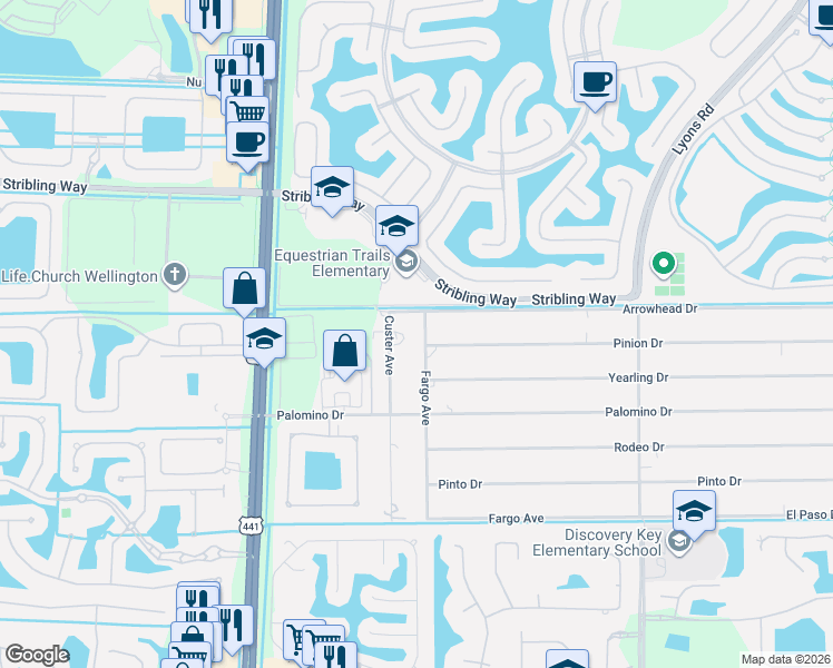 map of restaurants, bars, coffee shops, grocery stores, and more near 3066 Custer Avenue in Lake Worth