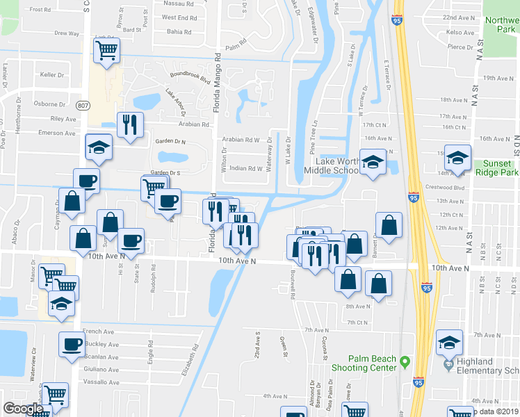 map of restaurants, bars, coffee shops, grocery stores, and more near 2411 Waterside Drive in Lake Worth