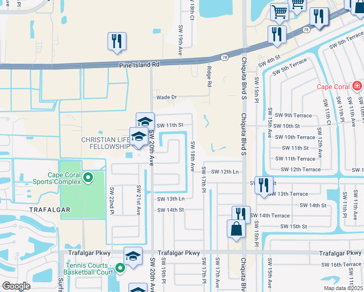 map of restaurants, bars, coffee shops, grocery stores, and more near 1129 SW 18th Ct in Cape Coral