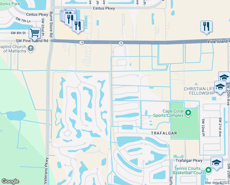 map of restaurants, bars, coffee shops, grocery stores, and more near 2665 Lambay Court in Cape Coral
