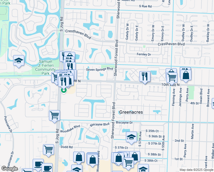map of restaurants, bars, coffee shops, grocery stores, and more near 6070 Olivewood Circle in Greenacres