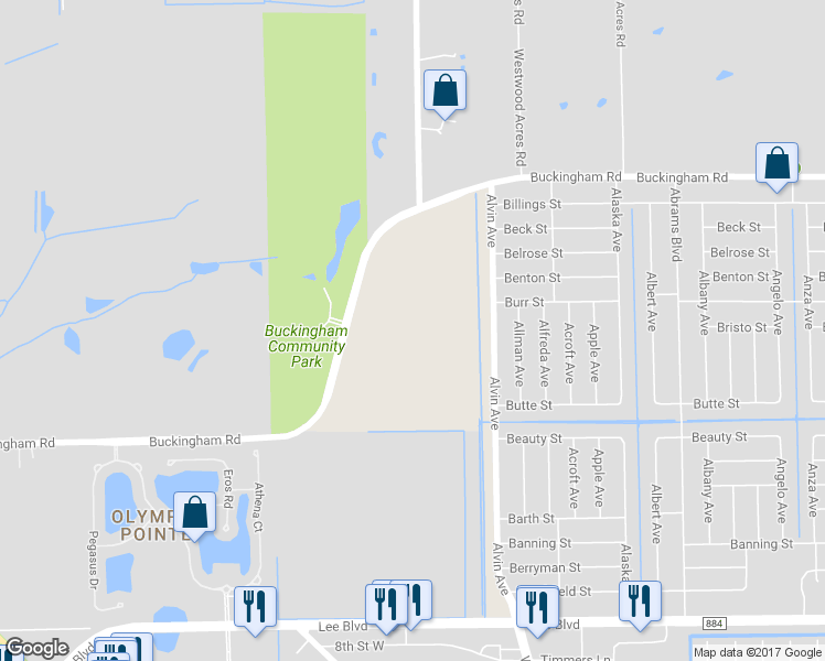 map of restaurants, bars, coffee shops, grocery stores, and more near 9711 Buckingham Road in Fort Myers