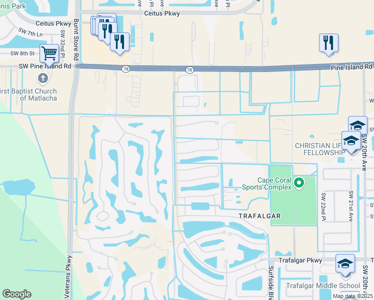 map of restaurants, bars, coffee shops, grocery stores, and more near 2665 Lambay Court in Cape Coral