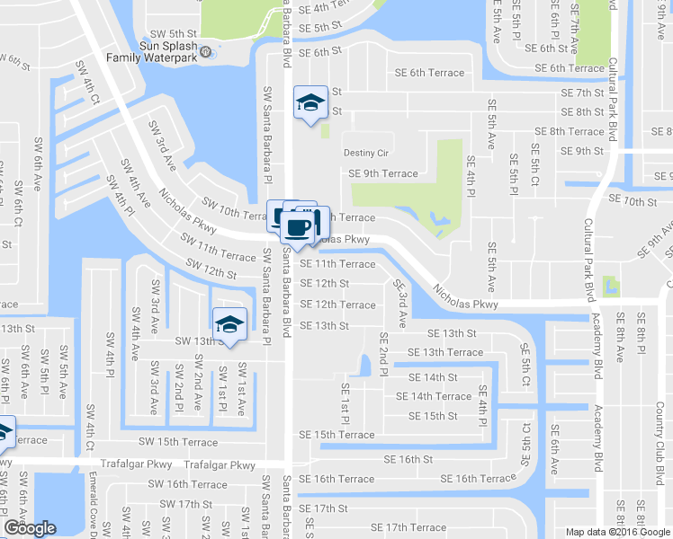 map of restaurants, bars, coffee shops, grocery stores, and more near 134 Southeast 11th Terrace in Cape Coral