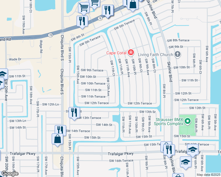 map of restaurants, bars, coffee shops, grocery stores, and more near 1025 Southwest 12th Avenue in Cape Coral