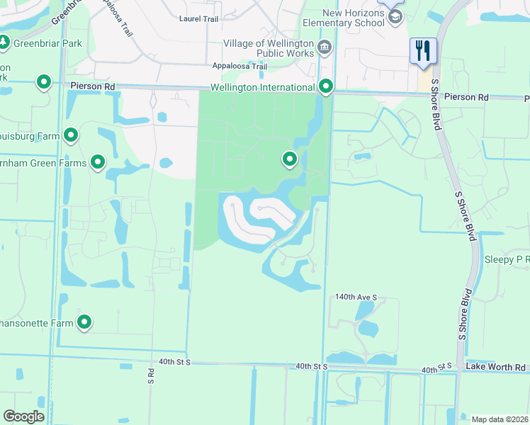 map of restaurants, bars, coffee shops, grocery stores, and more near 14270 Calypso Lane in Wellington