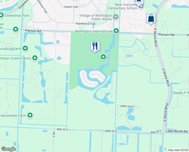 map of restaurants, bars, coffee shops, grocery stores, and more near 14270 Calypso Lane in Wellington