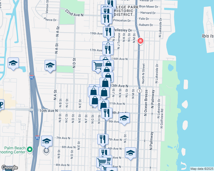 map of restaurants, bars, coffee shops, grocery stores, and more near N Dixie Hwy & 13th Ave N in Lake Worth