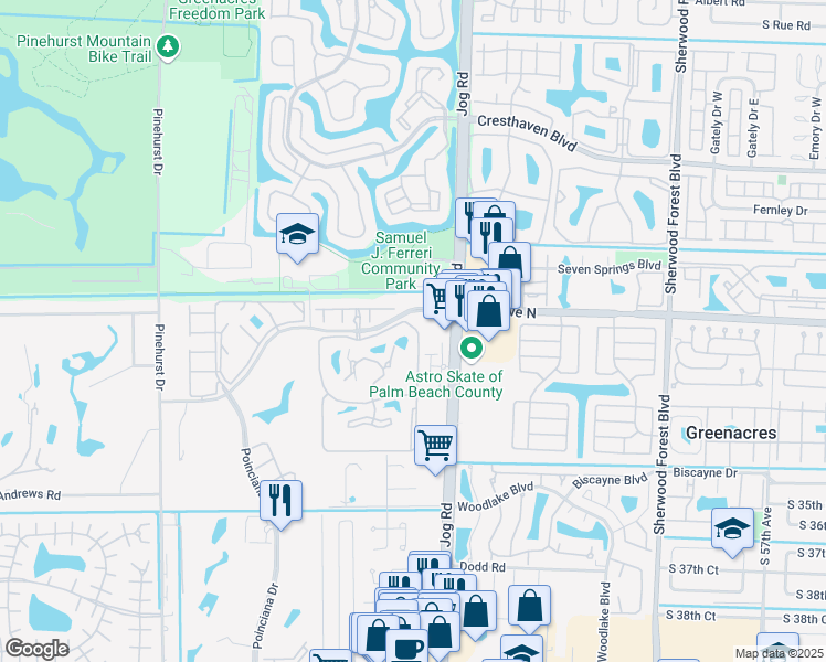 map of restaurants, bars, coffee shops, grocery stores, and more near 4514 Jog Park Drive in Greenacres