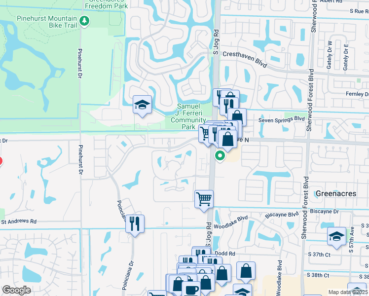 map of restaurants, bars, coffee shops, grocery stores, and more near 4514 Jog Park Drive in Greenacres