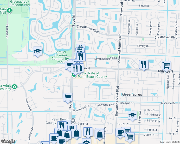 map of restaurants, bars, coffee shops, grocery stores, and more near 6265 American Azalea Lane in Greenacres
