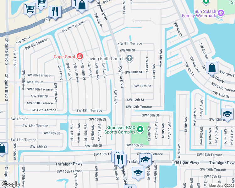 map of restaurants, bars, coffee shops, grocery stores, and more near 1120 Skyline Boulevard in Cape Coral