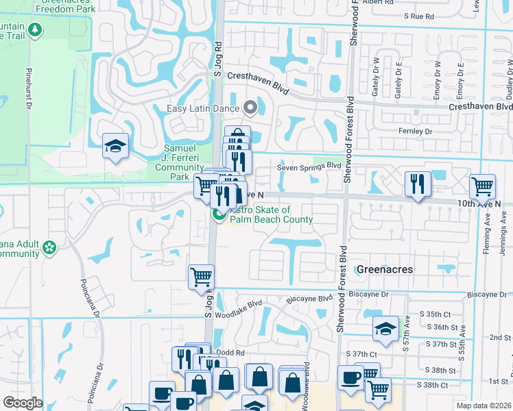 map of restaurants, bars, coffee shops, grocery stores, and more near 6265 American Azalea Lane in Greenacres