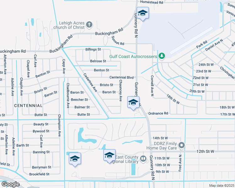 map of restaurants, bars, coffee shops, grocery stores, and more near 5005 Baron Street in Lehigh Acres