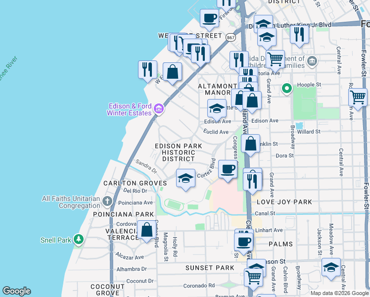 map of restaurants, bars, coffee shops, grocery stores, and more near 1742 Ardmore Road in Fort Myers