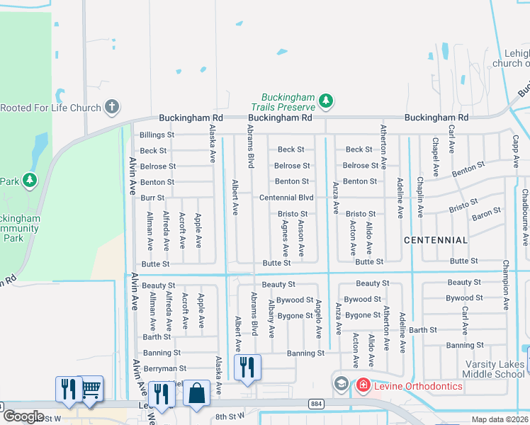 map of restaurants, bars, coffee shops, grocery stores, and more near 1037 Albany Avenue in Lehigh Acres