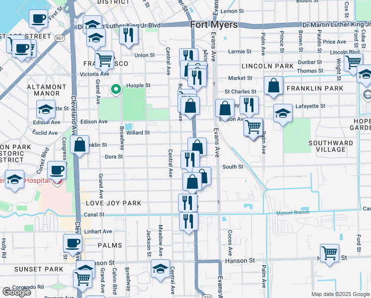 map of restaurants, bars, coffee shops, grocery stores, and more near in Fort Myers