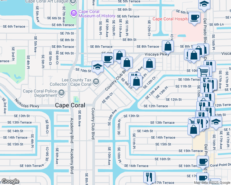 map of restaurants, bars, coffee shops, grocery stores, and more near 1018 Southeast 11th Street in Cape Coral
