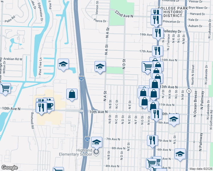 map of restaurants, bars, coffee shops, grocery stores, and more near 1230 North A Street in Lake Worth