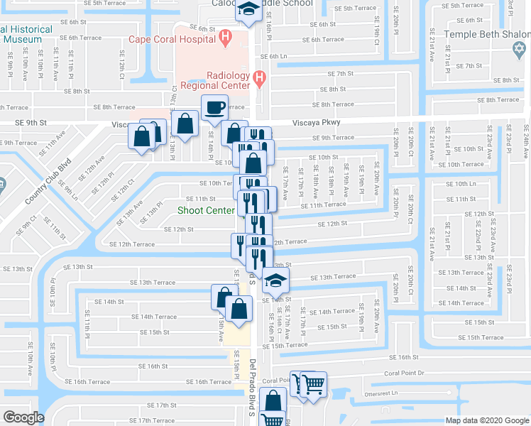 map of restaurants, bars, coffee shops, grocery stores, and more near 1127 Del Prado Boulevard South in Cape Coral