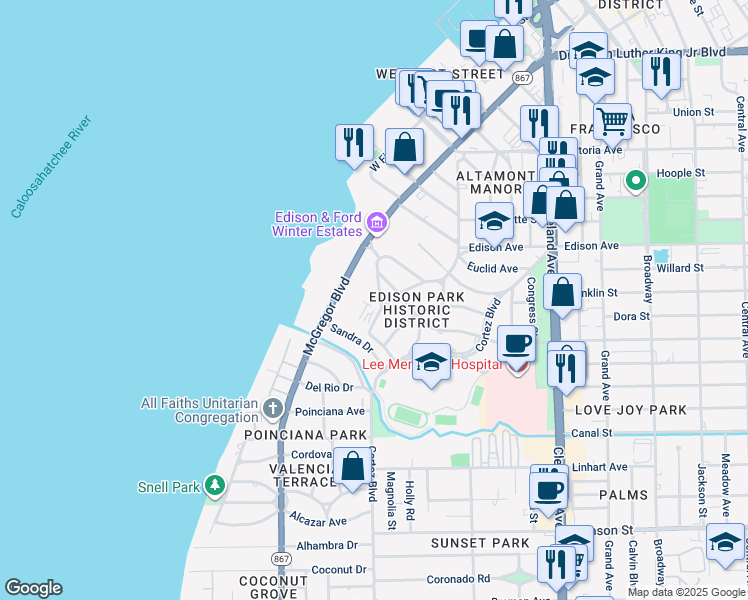 map of restaurants, bars, coffee shops, grocery stores, and more near 1672 Houston Drive in Fort Myers