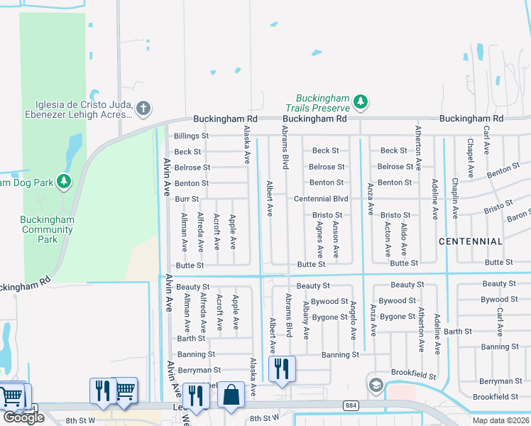 map of restaurants, bars, coffee shops, grocery stores, and more near 1038 Albert Avenue in Lehigh Acres