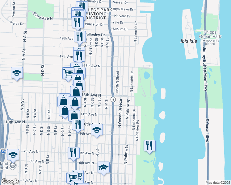 map of restaurants, bars, coffee shops, grocery stores, and more near 1309 North N Street in Lake Worth Beach