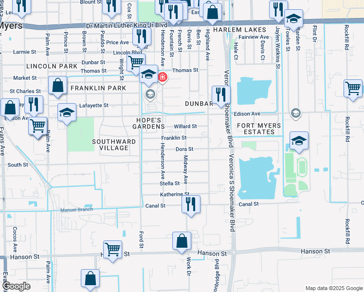 map of restaurants, bars, coffee shops, grocery stores, and more near 3348 Dora Street in Fort Myers